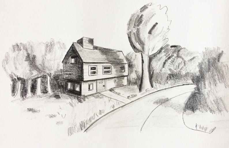 dessin noir et blanc maison forêt chemin