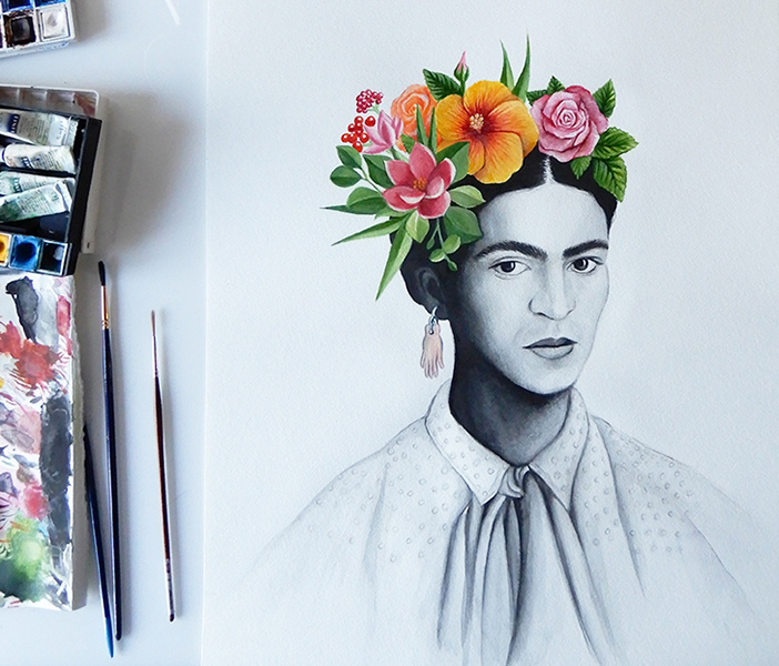 aquarelle Frida Khalo et fleurs