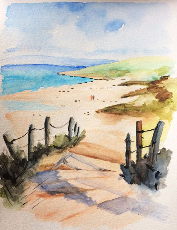 peinture aquarelle plage sable chemin ensoleillé