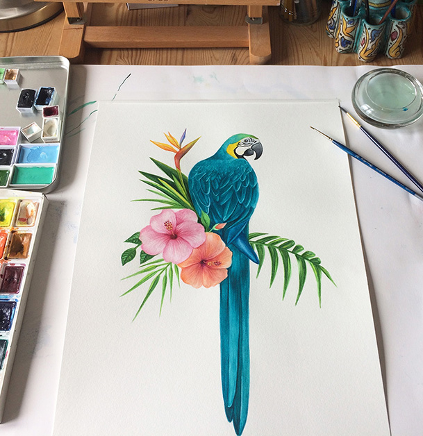 aquarelle oiseau tropical perroquet